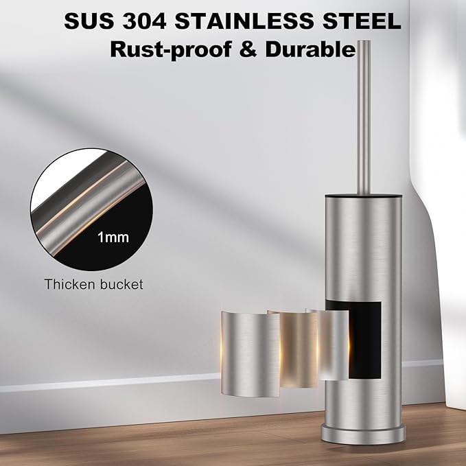 Stain Nickel Toilet Brush and Holder Set，2 Pack Stainless Steel Heavy Duty Toilet Bowl Brush，Extra Long Handled Toilet Cleaner Brush with Replaceable Head, Removable Inner Bowl & Splash Protection
