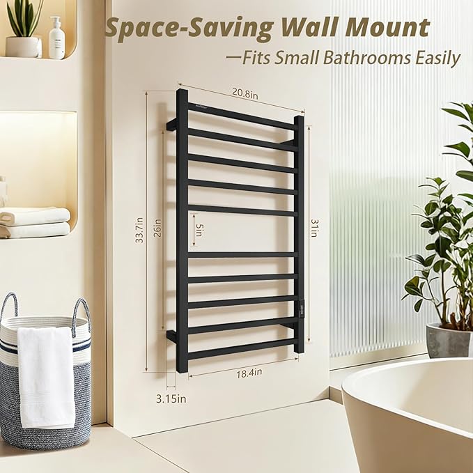 Towel Warmers for Bathroom, Heated Towel Rack Wall Mounted Large Racks, 10 Bar Hot Electric Rack, Stainless Steel, Built-in Timer, Plug-in, Fast Heating, Black