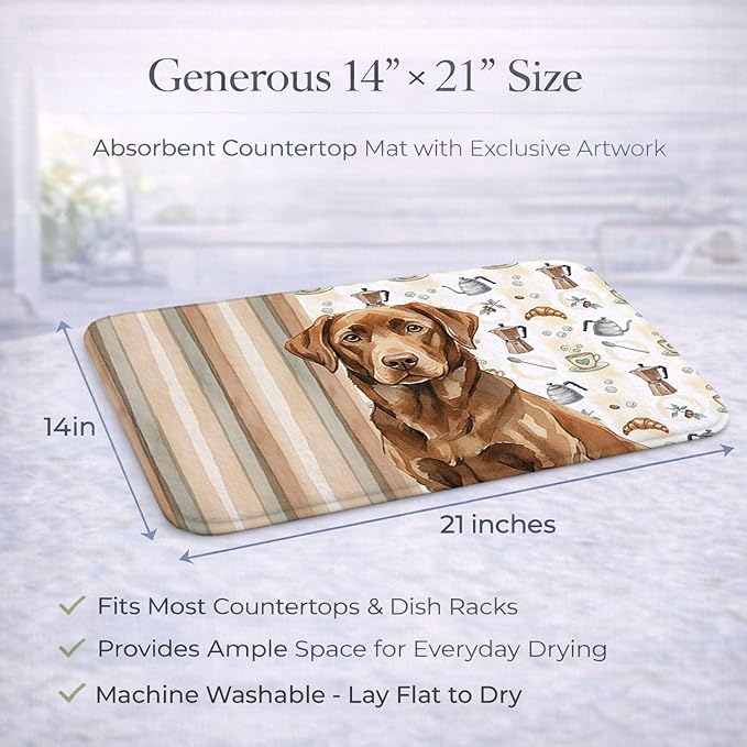 Caroline's Treasures Chocolate Labrador Retriever Coffee Bar Dish Drying Mat Absorbent Dish Drying Mat Pad for Kitchen Counter Dish Drainer Mat for Countertop, 14 x 21", Multicolor