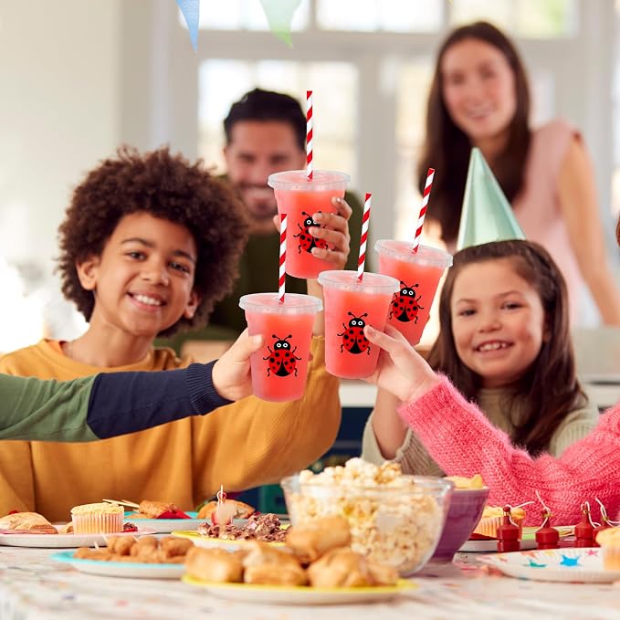 Whaline 50Pcs Ladybug Disposable Plastic Cups with Lids and Straws Cute Insect Cold Beverage Drinking Cups for Birthday Wedding Party Supplies