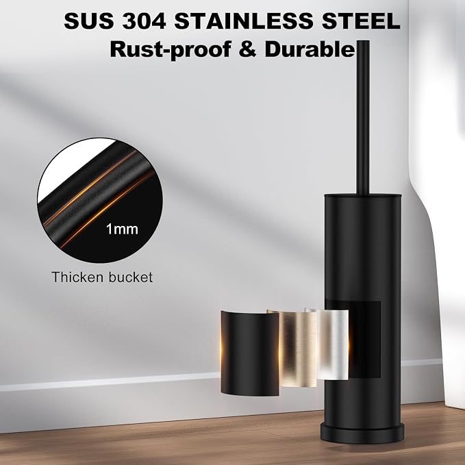 Black Toilet Brush and Holder Set，Stainless Steel Heavy Duty Toilet Bowl Brush，Extra Long Handled Modern Toilet Cleaner Brush with Replaceable Head, Removable Inner Bowl, and Splash Protection