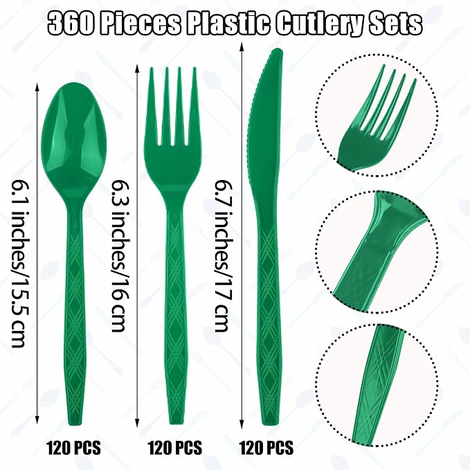 Kochorie 360 Pieces Dark Green Plastic Cutlery Set Disposable Plastic Utensils Heavy Duty Flatware Set Includes 120 Knives 120 Forks 120 Spoons for Birthday Graduation Party, Picnic