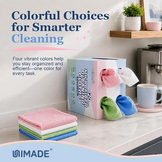 UNIMADE Microfiber Cleaning Cloth, 120 Pack Reusable Paper Towels Microfiber Towels for Cars Lint Free Shop Rags with for Home Kitchen Automotive, 11"x 9", White & Green & Blue & Pink