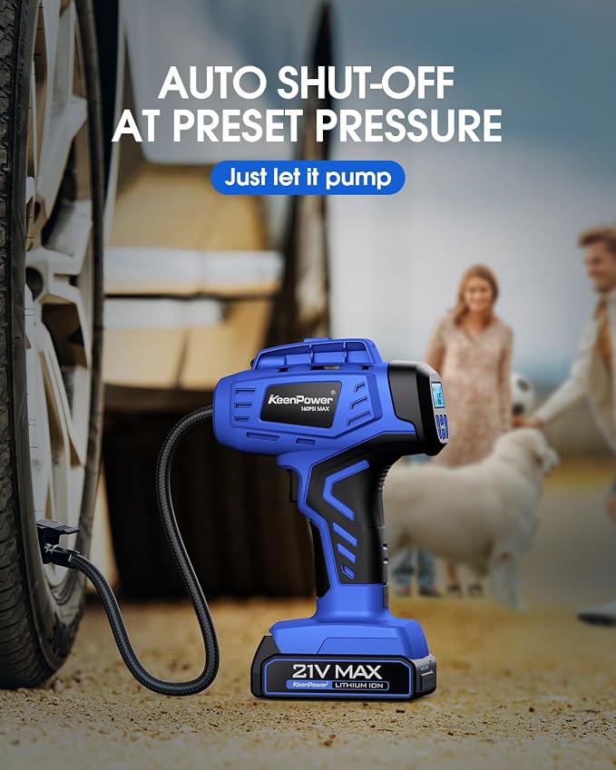 KeenPower Smart Cordless Tire Inflator Portable Air Compressor Rechargeable 21V Battery Powered 160PSI Handheld Air Pump w/4+N Smart Modes & Dual Power & Digital Pressure Gauge for Cars Motorcycles