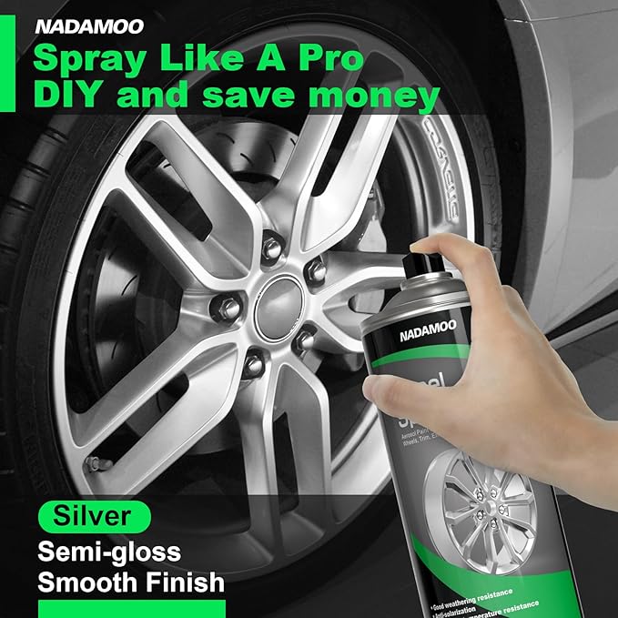 NADAMOO Aluminum Wheel Spray Paint, Semi-gloss Aerosol Car Rim Paint for Recolor and Protection of Metal Surface, Silvery, 2 Cans, 13 Oz Per Can
