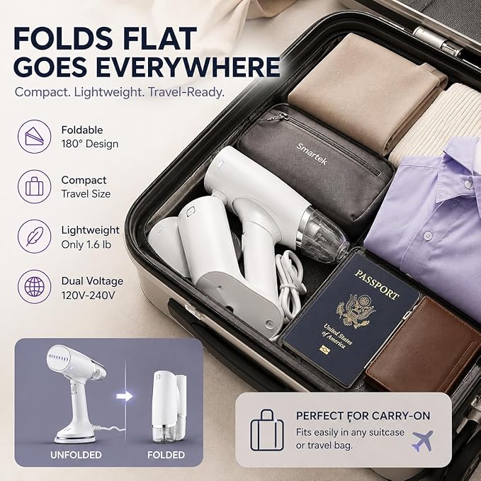 Foldable Handheld Garment Steamer - 1100 Watts of Powerful Steam - Dual Voltage (120-240) Great for worldwide Travel, Comes with Travel Bag (White)
