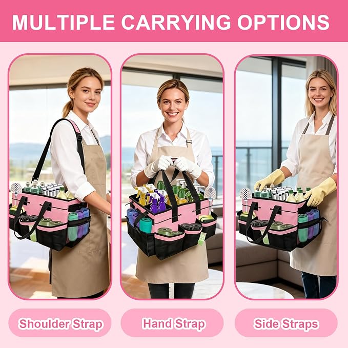 Large Cleaning Caddy Bag – Cleaning Supply Organizer Bag with Handle & Adjustable Shoulder Strap for Housekeepers, Professional Home, Apartment & Office Cleaning, Soft Portable Tote (Pink)