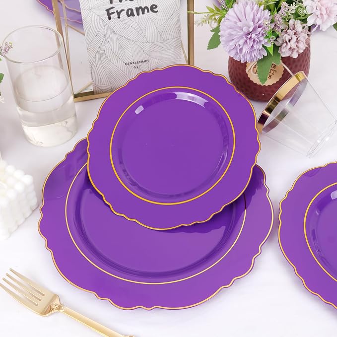 Liacere 350PCS Purple Plastic Plates-Disposable Purple and Gold Plates 50 guest Baroque Plastic Dinnerware include 100Plates,50Pack Pre Rolled Napkins with Silverware 50Cups for Wedding & Party