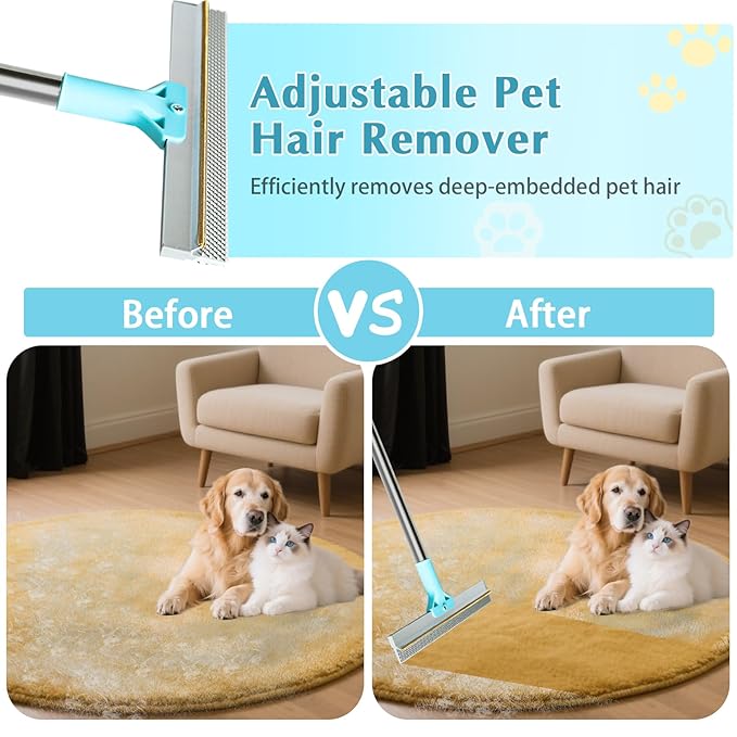 Pet Hair Remover for Carpet, Carpet Rake for Pet Hair Removal with 54" Adjustable Handle, Reusable Dog Hair Remover Broom with Copper Teeth & TPU Brush for Rugs, Couch, Mats and Pet Beds