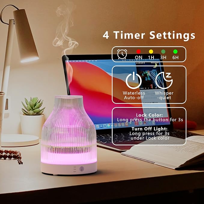 Elegant Glass Reservoir Essential Oil Diffuser 200ML, One Button Control Glass Diffuser with Rainbow Colors for Home Office Bedroom Gift
