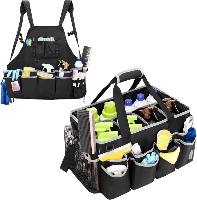 HODRANT Extra-large Wearable Cleaning Caddy & Large Cleaning Apron, Cleaning Organizer Bag with Pad, Handle & House Cleaning Apron with Dual Shoulder Straps For Cleaning Tools Storage, Gray Edge