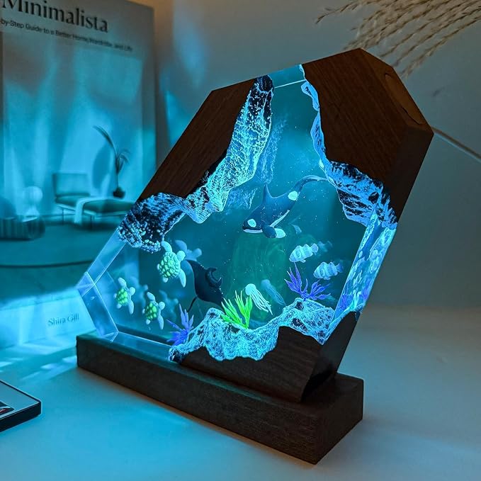 Orca Ocean Resin Lamp, Handmade Wooden Table Resin Night Light, USB Port Art Ornaments for Home Office Decor, Scuba Diver Gifts for Holiday, Unique Birthday Gifts for Mom Grandma Brother Sister