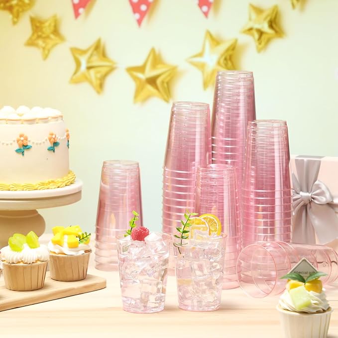Teenyyou 150 Pcs Valentine's Day Pink Plastic Cups 10 oz Disposable Wedding Cups Heavy Duty Plastic Cup Fancy Cocktail Cup Drinking Tumbler for Valentine's Day Gatherings Parties Wedding