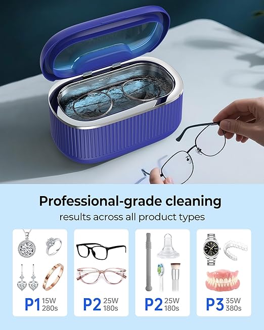 45KHz Ultrasonic Jewelry Cleaner, 5 Timer & 3 Power Modes, 35W Retainer Cleaner for Jewelry, Eyeglasses, Rings, Watch Strap, Dentures - Quiet <38dB, 20oz, 304 Stainless Steel (Sapphire blue)