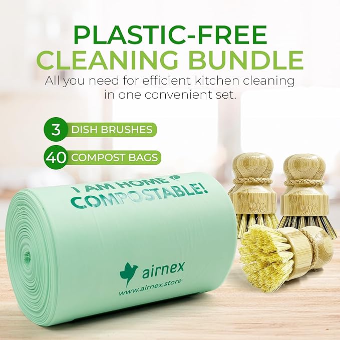 AIRNEX 40 Count Compost Bags for Countertop Bin 13 Gal & Bamboo Dish Brushes Set of 3-100% Compostable Trash Bags made of Cornstarch - Medium Stiff Sisal &Strong Blend of Coconut Bristles Brushes