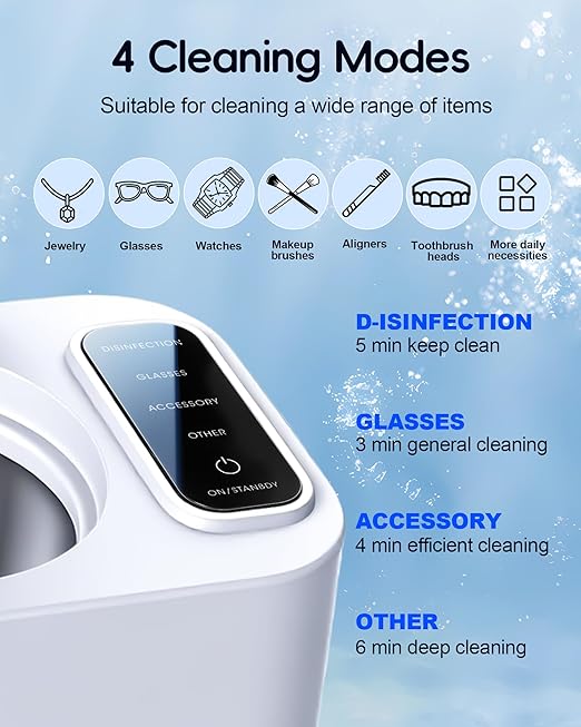 Ultrasonic Jewelry Cleaner Machine, 48KHz Ring Ultrasonic Cleaner, 4 Cleaning Modes - Suitable for Eyeglasses, Jewelry, Rings, Watchbands, Braces, Dentures, 13.5oz 304 Stainless Steel Tank for Gift
