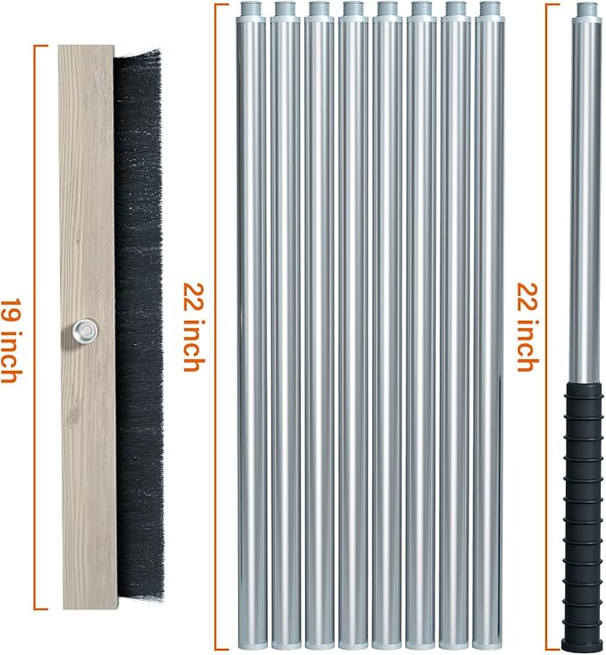 Leaf Roof Brush Cleaning Kit, Stainless Steel Pole (Extends 2ft to 16.5ft), Includes Gloves & Rake for All Roof Types & Solar Panels