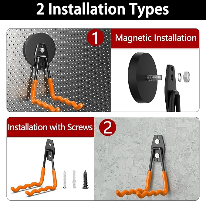 3-H Extra Strong Magnetic Hooks,Heavy Duty Large Anti-Slip Magnet Hooks Wave Shape,No-Drill Tool Holder for Garage,Power Drill,Garden Tools,Hose Storage,2 Pack Orange