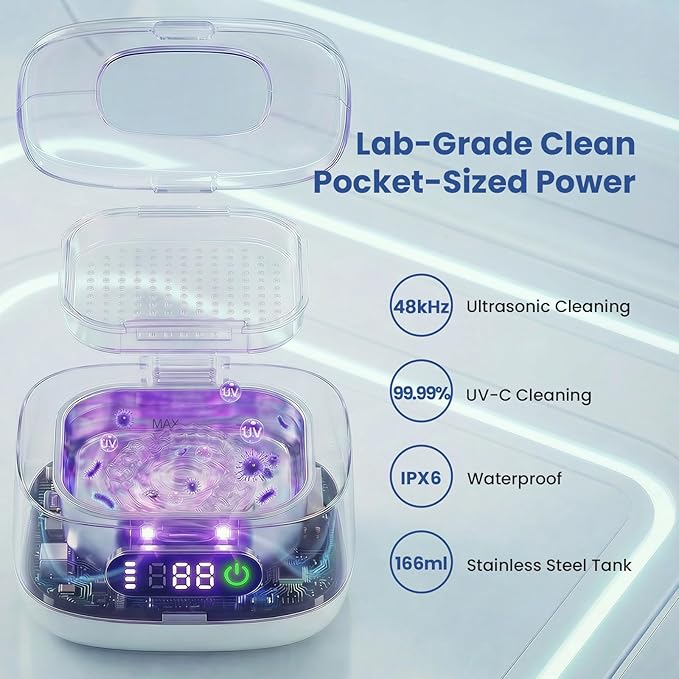 Portable Ultrasonic Retainer Cleaner with UV - Cordless Rechargeable Cleaner Machine for Invisalign, Aligners, Night Guards, Dentures | Travel-Ready with Built-in Mirror