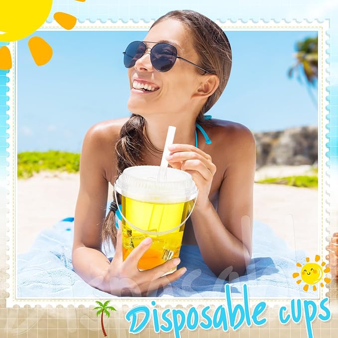 Funnymoom 50 Set 34 oz Clear Drink Buckets with Lids and Straws, Disposable Plastic Rum Cocktail Pails with Handles Large Smoothie Cups for Adult Bachelorette Party Supplies Beach & Catering Events