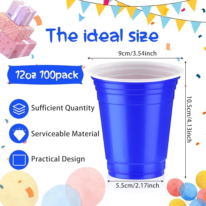 Sabary 100 Pack 12oz Blue Plastic Cups 250th Anniversary Heavy Duty Drinking Disposable Cups with Lines for Beverage USA Patriotic Holiday Camping Barbecues Birthday Party Outdoor Picnic