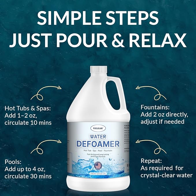 Hot Tub Defoamer - Pool, Fountain, Spa Anti Foam Defoamer -128oz- Eco Friendly & Safe Water Anti Foam - Quickly Removes & Prevents Foam - Silicone Emulsion HotTub Chemicals Made in USA,