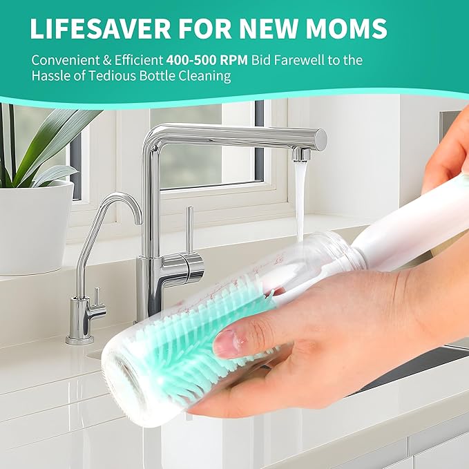 Electric Bottle Brush Cleaner,Rechargable Electric Baby Bottle Brush Cleaner,Travel Bottle Cleaner Kit with Silicone Bottle Brush,Straw Cleaner,Nipple Brush,Bottleneck Brush,Green