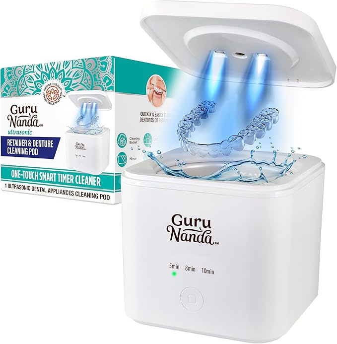 GuruNanda Retainer & Aligner Cleaning Pod for Retainers, Dentures, Mouthguards, Aligners, & Jewelry, 3 Modes, 45kHz Ultrasonic Retainer Cleaner, 190 ml capacity