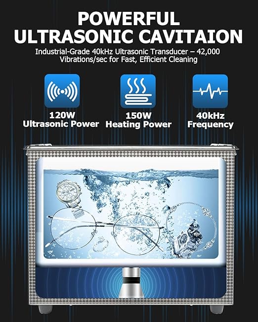 Professional 3L Ultrasonic Cleaner 120W 40kHz with Digital Timer & Heater 110V 304 SUS Tank Stainless Steel Basket for Jewelry, Watches, Glasses, Lab, Medical, Industrial Parts