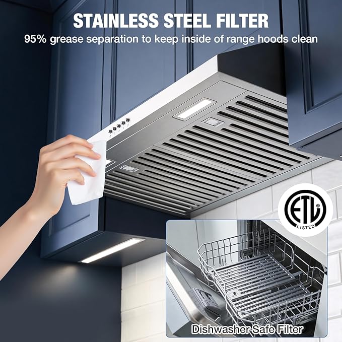 30 Inch Under Cabinet Range Hood - 600 CFM Ducted/Ductless Convertible Kitchen Vent Hood, Stainless Steel, 3 Speed with Baffle Filters & 2 LED Lights Brushed Finish, ETL Certification