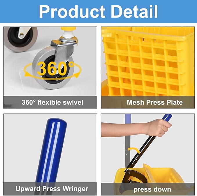 Side-Press Wringer Commercial Mop Bucket on Wheels, 35-Quart, Yellow Mop Bucket for Professional/Industrial/Business Heavy-Duty Floor Cleaning/Mopping