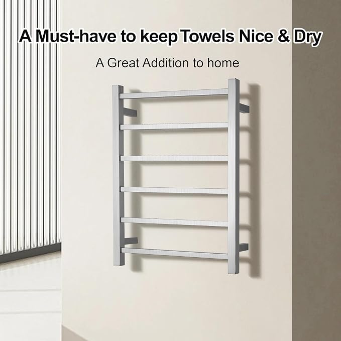 Electric Heated Towel Warmer - Wall Mounted Bathroom Towel Rack, Plug-in Design & Brushed Stainless Steel 6 Bar Brushed with Single Press