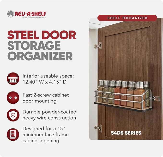 Rev-A-Shelf Steel Cabinet Door Mounted Storage Organizer for Spice Bottles or Cleaning Supplies in Laundry Rooms, Kitchens, and Bathrooms, 54DS-14-1