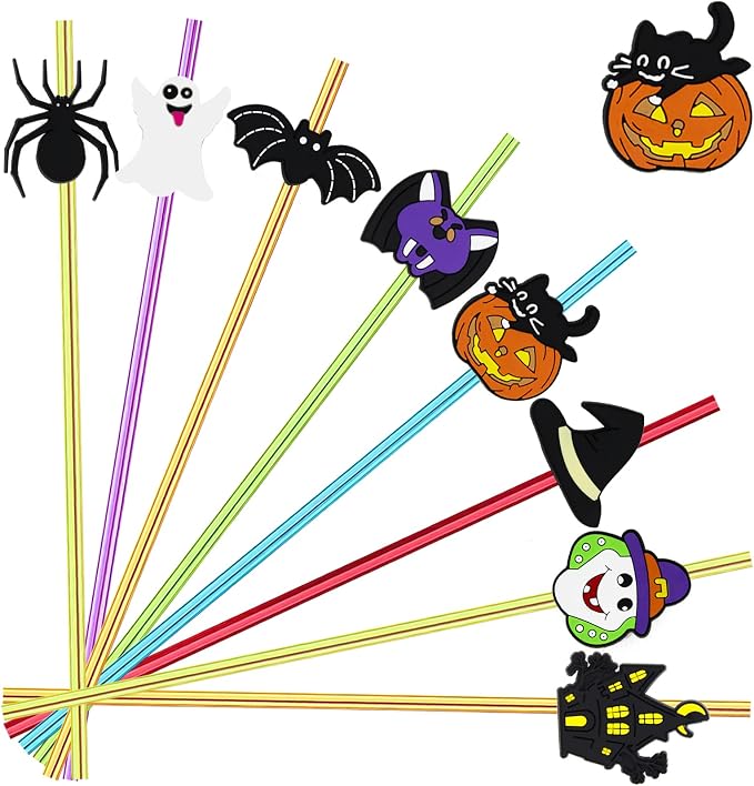 24pcs Halloween Party Favor Castle Bat Pumpkin Ghost Cat Witch Spider Pattern Reusable Straight Straws Party Favor Halloween Party Supplies with 2 Cleaning Brushes 6 Colors.