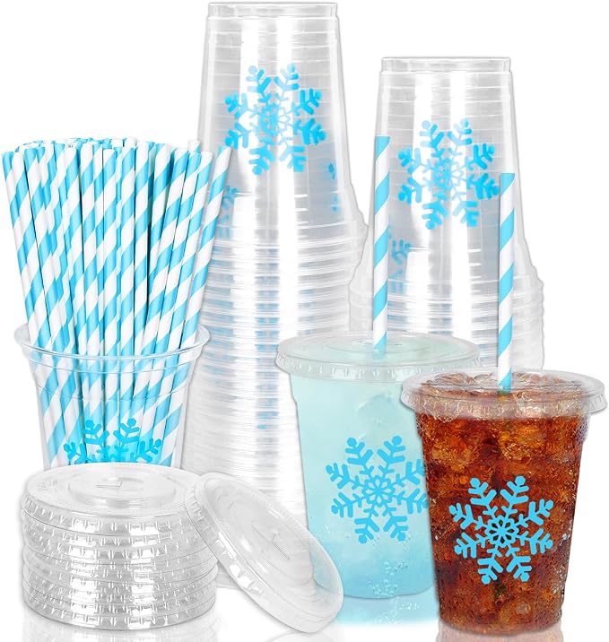 Whaline 50 Pcs Christmas Disposable Plastic Cups with Lids and Straws 12 oz Party Cups Blue Snowflake Cold Beverage Drinking Cups for Winter Xmas Holiday Party Supplies