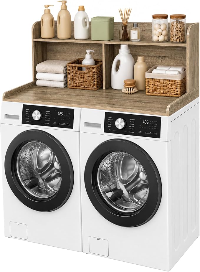 Royxen Washer Dryer Countertop with Extra Tall Shelf, 19" Height Washer and Dryer Topper, Laundry Countertop with Non-Slip Pads, Universal Fit for Laundry Room Organization, White Oak