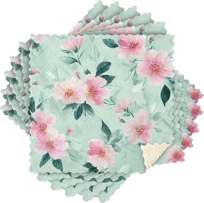 Mint Green Peony Flower Kitchen Towels Dish Cloths Set of 6 Microfiber Cleaning Cloths for Cars Super Absorbent Machine