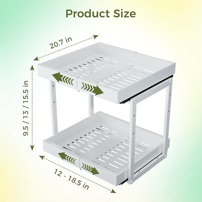 Abalter Expandable Pull Out Cabinet Organizer,2-Tier Slide Out Drawer for Kitchen Cabinets,Adjustable Width 12–18.5",Slide Out Shelves for Kitchen Countertop, Bathroom, Pantry, Heavy Duty Caddy(White)