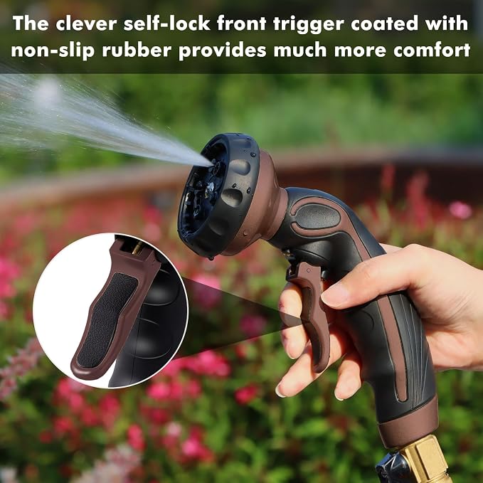 RESTMO Hose Nozzle with Easy Self-Lock Trigger, Heavy Duty Metal Water Hose Sprayer with 9 Spray Patterns and On/Off Valve, High Pressure | Thumb Flow Control, Ideal for Outdoor Lawn & Plant Watering