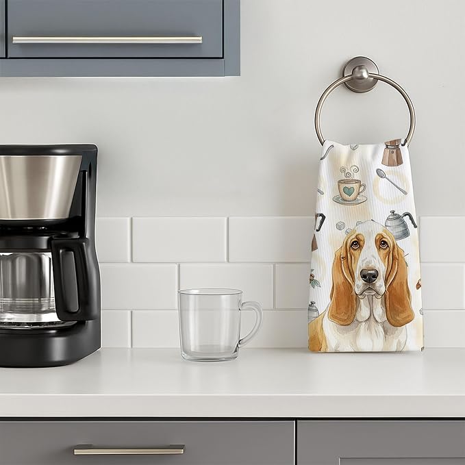 Caroline's Treasures Lemon and White Basset Hound Coffee Bar Kitchen Towel Velour Plush Front and Cotton Loop Back Machine Washable