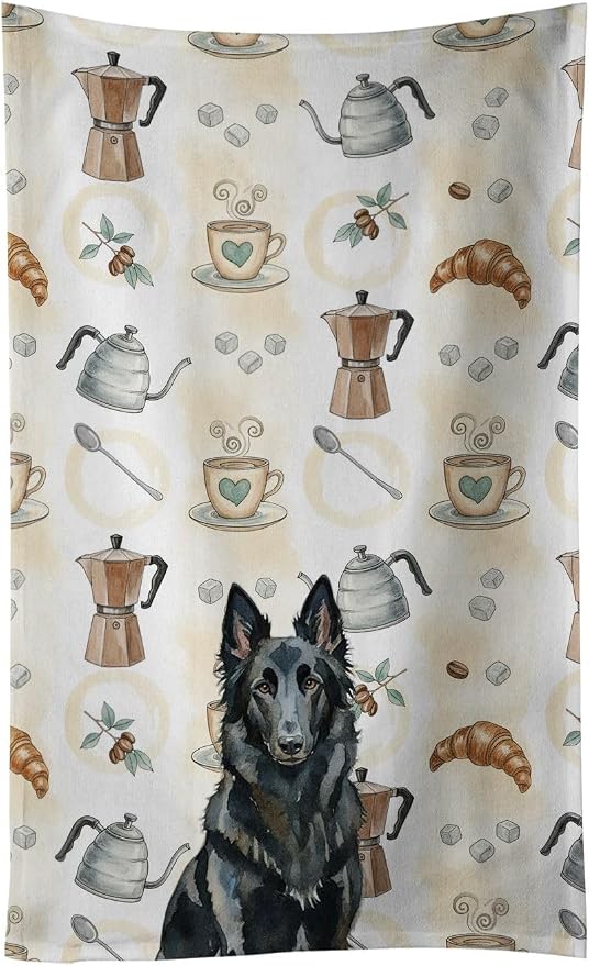 Caroline's Treasures Belgian Sheepdog Groenendael Coffee Bar Kitchen Towel Velour Plush Front and Cotton Loop Back Machine Washable