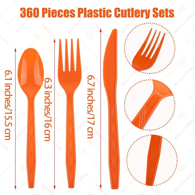 Kochorie 360 Pieces Orange Plastic Cutlery Set Disposable Plastic Utensils Heavy Duty Flatware Set Includes 120 Knives 120 Forks 120 Spoons for Party Wedding Birthday