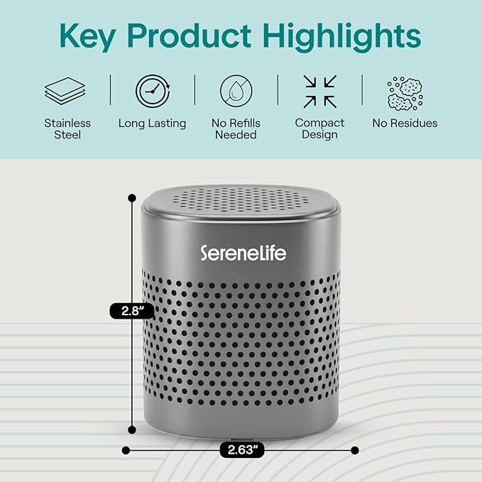 SereneLife Fridge Deodorizer & Odor Eliminator, Multi-Use Refrigerator Deodorizer Aluminum Pod for Freezer, Closet, Car, Shoes & Enclosed Spaces, Compact, Reusable & Lasts Up to 10 Years (Gray)