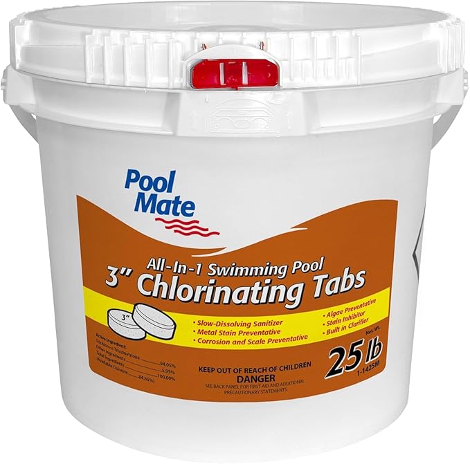 Pool Mate 25-Pounds All-In-1 Swimming Pool 3 Inch Chlorinating Tabs, Chlorine Tablets 3 Inch, Sanitizer, Clarifier, Stain Inhibitor, Algae Control, Descaler, Sunlight Protector all in one, Made in USA