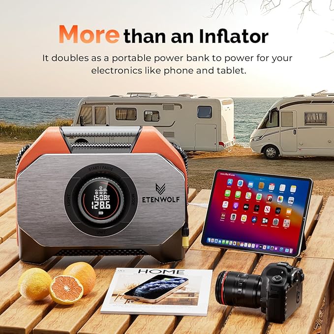 ETENWOLF VORTEX S6 Tire Inflator Portable Air Compressor for Heavy-duty Vehicle, Cordless Air Pump for Car & Inflatables with 19200 mAh Battery, 100% Duty Cycle & Dual Cylinder Bike Pump, Vivid Orange