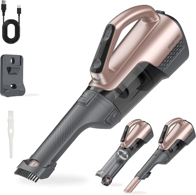 Shop-Vac S2 12V Handheld Vacuum Cordless, Rotatable Nozzle, Dual-Speed Powerful Portable Car Vacuum Rechargeable, Wall-Mounted Lightweight Hand Vacuum for Home & Car, LED, HEPA Filter, Champagne Gold