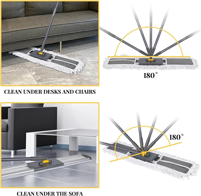 Masthome 24" Push Broom with Stiff Bristles,& 32'' Commercial Dust Mop, 60'' Adjustable Flat Mop with Long Handle, 1 Cotton & 2 Microfiber Mop Pads