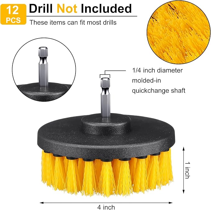 Drill Brush Attachment Power Scrubber Cleaning Kit Multi Purpose Drill Brush Set Drill Scrubber Brush Kit Cleaning Brushes for Drill Bathroom Surfaces Tub Grout Shower Kitchen (Yellow, 12 Pcs)