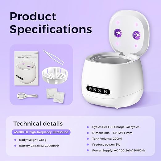 Ultrasonic Retainer Cleaner Machine, 45kHz Rechargeable Retainer Cleaner with 4 UV Lights, W200 Ultrasonic Cleaner for Retainers, Aligners, Mouth Guards, Night Guards & Dentures