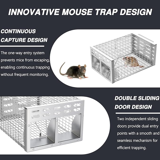 Rat Trap, Humane Live Rat Trap & Automatic Reset Mouse Traps with Dual One-Way Door Design –Catch and Release for Mice, Chipmunks, Hamsters, and Other Rodents, Indoors & Outdoors(2PCS Silver)